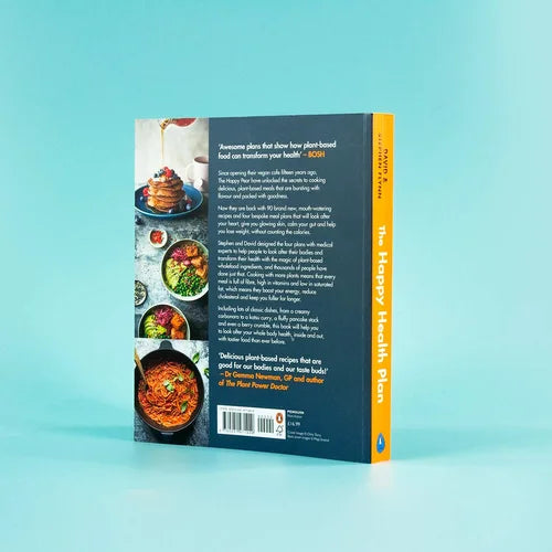 Book cover with images of food and text on a blue background