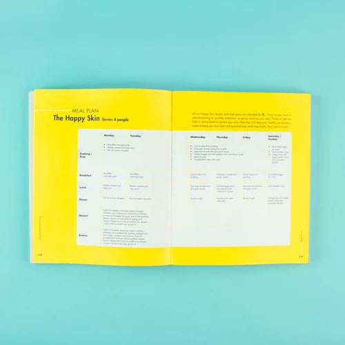 Open book with a meal plan on a teal background