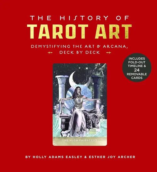 Book cover of 'The History of Tarot Art' with a tarot card design on a red background.