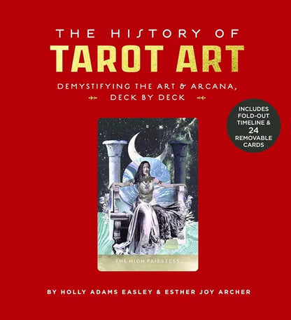 Book cover of 'The History of Tarot Art' with a tarot card design on a red background.