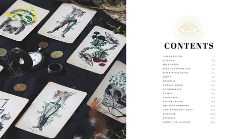 Collection of tarot cards on a dark surface with a 'Contents' page on the right.