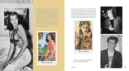 Magazine or book page with vintage-style images and text, featuring a woman in lingerie, tarot card illustrations, and a person in a suit.