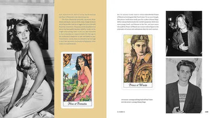 Magazine or book page with vintage-style images and text, featuring a woman in lingerie, tarot card illustrations, and a person in a suit.