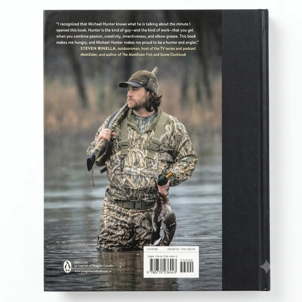 The back cover of a book, photographed flat against a white background. The cover features a large photograph of a man in camouflage hunting gear standing in shallow water and holding a duck, with a black spine-like band on the right side and a white review block at the top.
