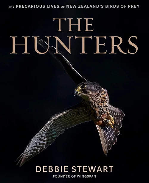 Book cover of 'The Hunters' featuring a bird of prey against a dark background.