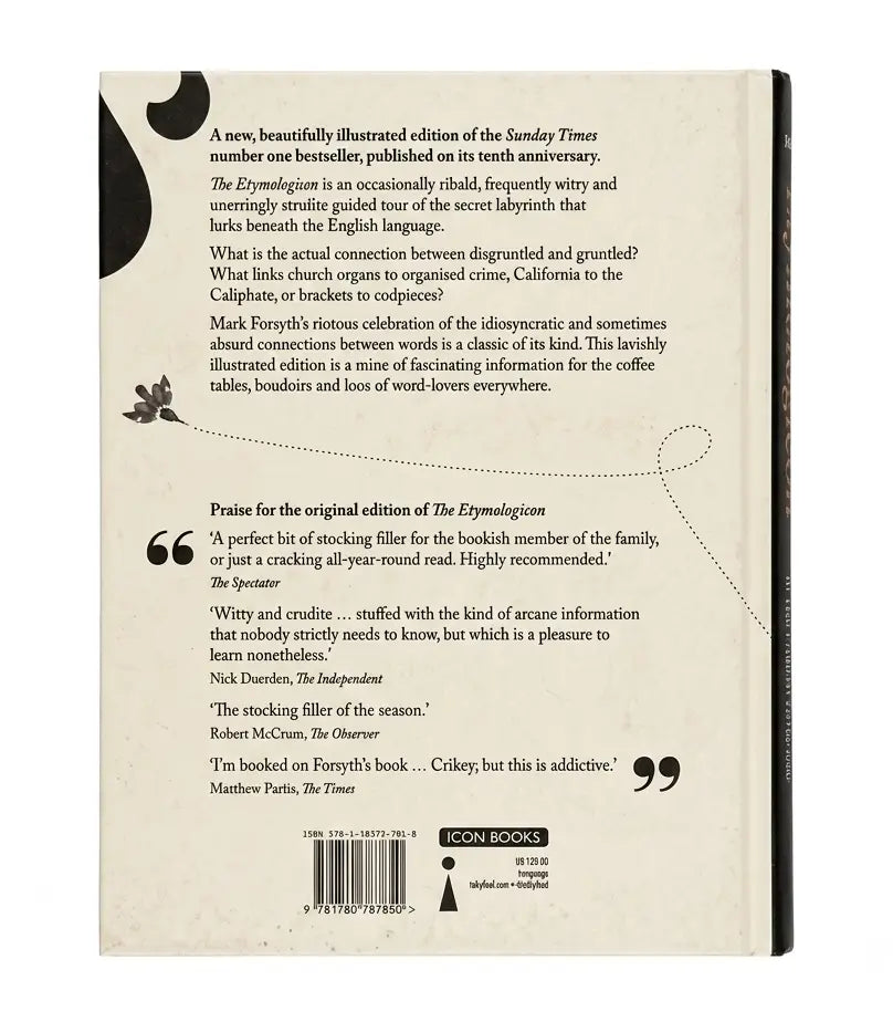 The back cover of the book 'The Euphemism' by Icon Books, featuring a cream-colored background with black text, review quotes, a barcode, and decorative black calligraphic elements.