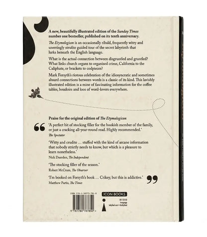 The back cover of the book 'The Euphemism' by Icon Books, featuring a cream-colored background with black text, review quotes, a barcode, and decorative black calligraphic elements.