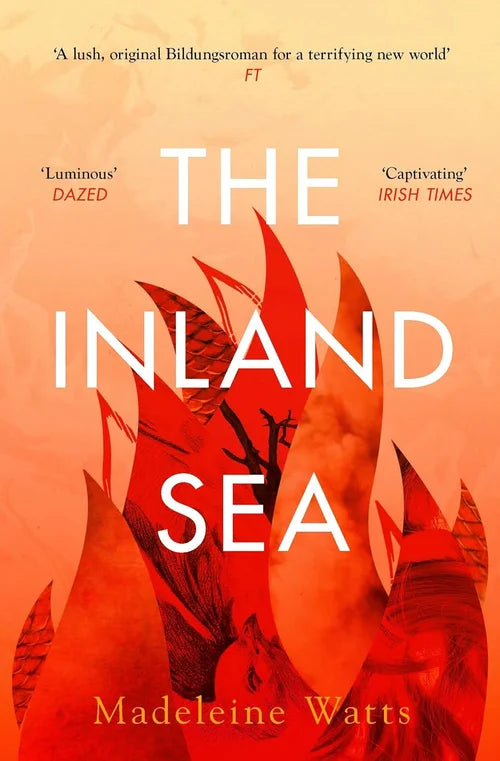 Book cover of 'The Inland Sea' by Madeleine Watts with red abstract designs on an orange background.