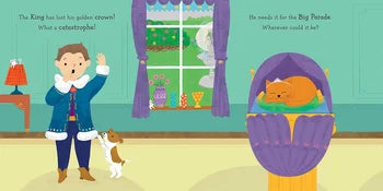 Illustration from a children's book with a king, dog, and baby in a cradle.