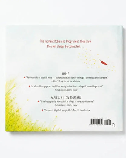 The back cover of the children's book 'Maple & Willow Together' by Kira Boswell, featuring a white background with red text, star reviews, and yellow wildflower illustrations at the bottom.
