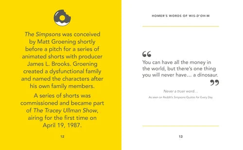Page from a book or magazine with text about 'The Simpsons' and a quote on a yellow and white background.