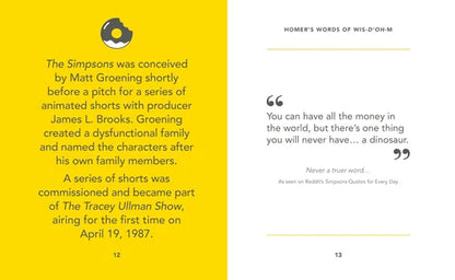 Page from a book or magazine with text about 'The Simpsons' and a quote on a yellow and white background.