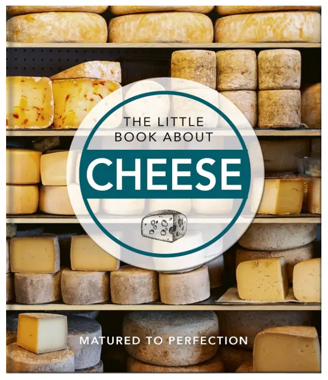 Book cover of 'The Little Book About Cheese' with cheese wheels on shelves in the background.