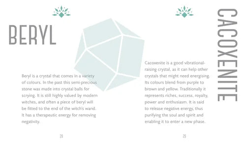 Crystal information card for beryl with geometric design and text on a white background
