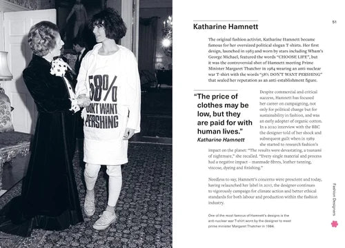 Black and white photo of a woman in a '50% I Don't Want Pershing' shirt with text on Katharine Hamnett.
