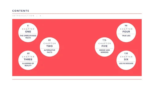 Book table of contents layout with chapter titles on a red background
