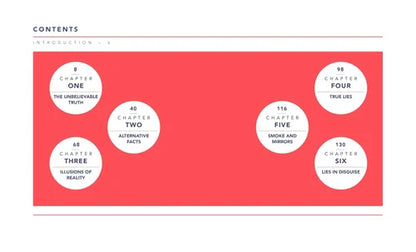 Book table of contents layout with chapter titles on a red background