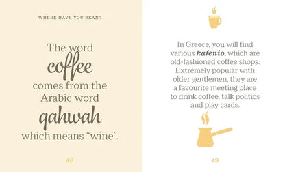 Page from a book about coffee culture, featuring text and illustrations of coffee cups and a coffee pot.