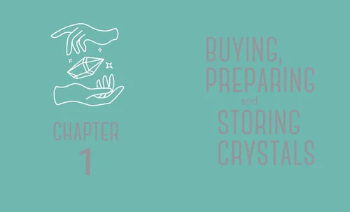 Teal background with white text and icon about buying, preparing, and storing crystals.