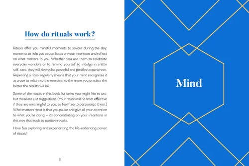 Book page with text on rituals and a blue geometric design on the right side.