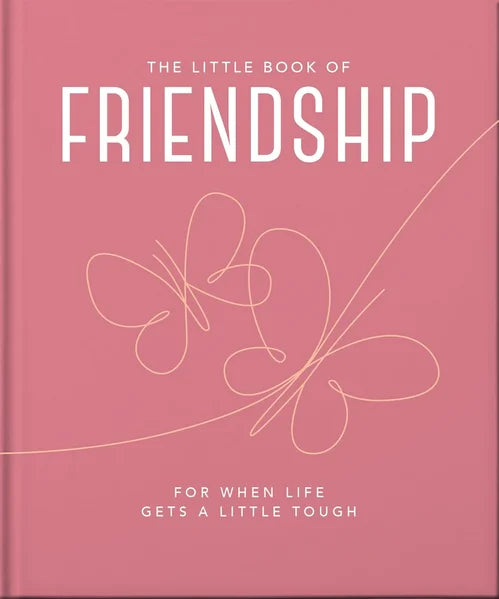 Book titled 'The Little Book of Friendship' with a butterfly design on a pink background