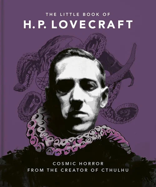 Book cover of 'The Little Book of H.P. Lovecraft' with a portrait and octopus illustration on a purple background.