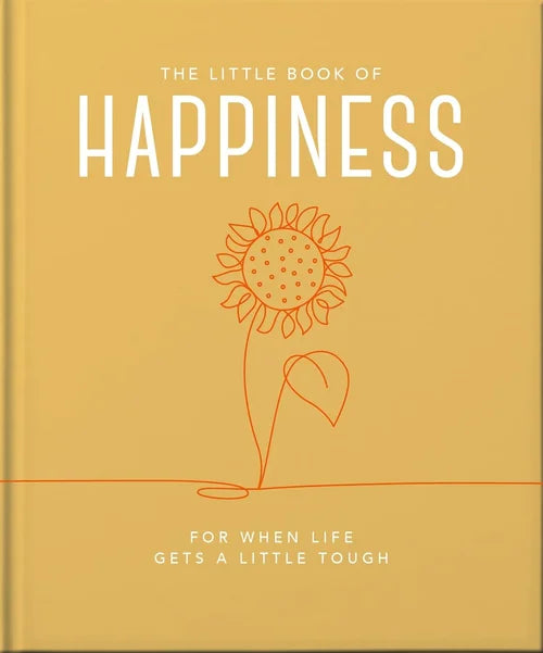 Book titled 'The Little Book of Happiness' with a sunflower illustration on a yellow background