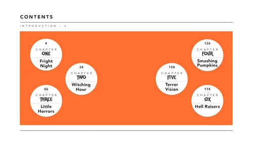 Book table of contents with chapter titles on an orange background