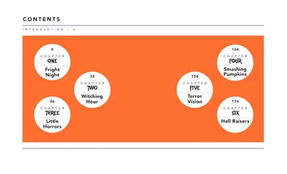 Book table of contents with chapter titles on an orange background