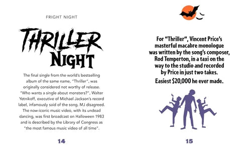 Book page with text about 'Thriller' by Michael Jackson, including a silhouette illustration of dancing figures.