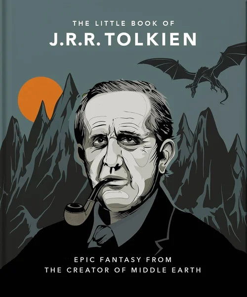 Book cover of 'The Little Book of J.R.R. Tolkien' with illustration of J.R.R. Tolkien, mountains, and dragon.