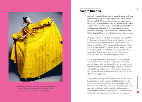 Woman in a yellow dress with text on a pink background