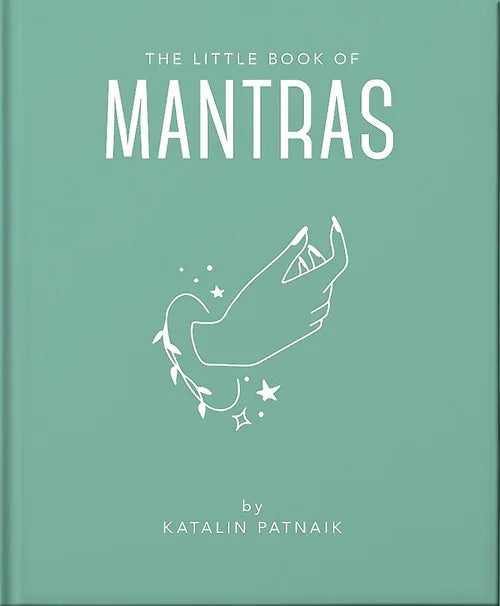 Book cover of 'The Little Book of Mantras' with a green background and white text and illustration.