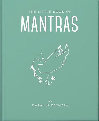 Book cover of 'The Little Book of Mantras' with a green background and white text and illustration.