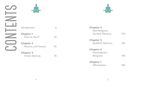 Table of contents for a book or digital resource on mantras with chapter titles and page numbers.