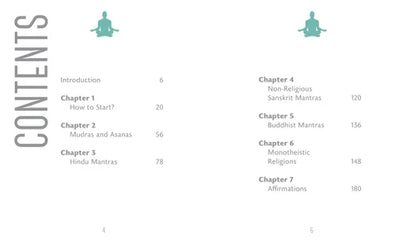 Table of contents for a book or digital resource on mantras with chapter titles and page numbers.