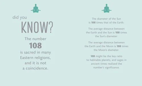 Fact about the number 108 in relation to celestial distances on a light blue background.