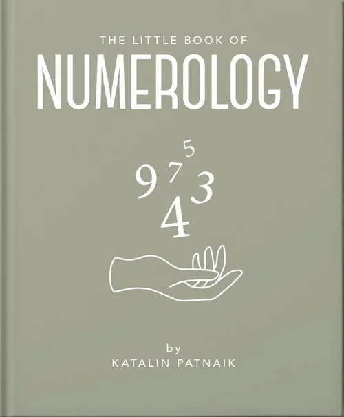 Book cover of 'The Little Book of Numerology' by Katalin Patnaik with numbers and a hand illustration on a green background.