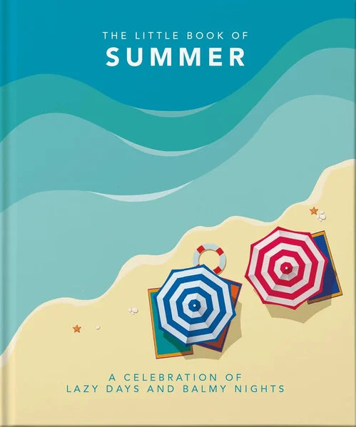 Book cover of 'The Little Book of Summer' with beach umbrellas and sand illustration.