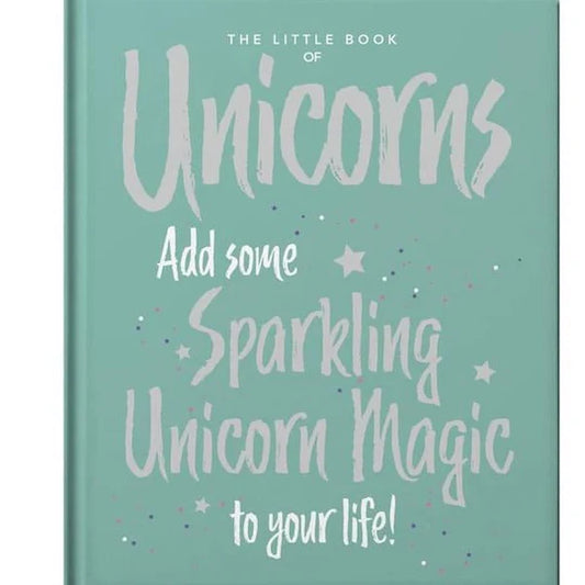 Book titled 'The Little Book of Unicorns' with a mint green cover and white text.