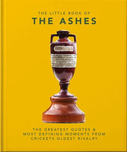 Book cover of 'The Little Book of The Ashes' with a yellow background and Ashes urn illustration.