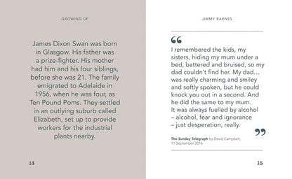 Text excerpt from a book or magazine with a quote by Jimmy Barnes on a white background.
