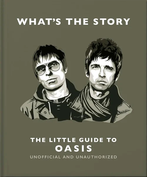 Book cover with black and white illustrations of two men and text about Oasis on a green background