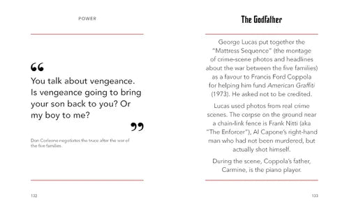 Book page with text and a quote from 'The Godfather' on a white background