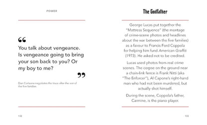 Book page with text and a quote from 'The Godfather' on a white background