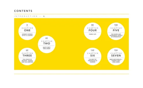 Book table of contents with chapter titles on a yellow background