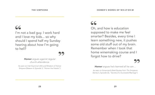 Two pages from a book or magazine featuring quotes from 'The Simpsons' with text and line numbers.