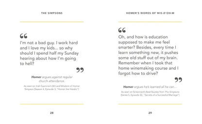 Two pages from a book or magazine featuring quotes from 'The Simpsons' with text and line numbers.