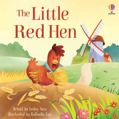 Book cover of 'The Little Red Hen' with a cartoon hen holding hay, windmill, and house in the background.