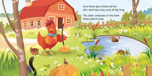 Illustration of a farm scene with a red hen and other animals, featuring text about a little red hen.
